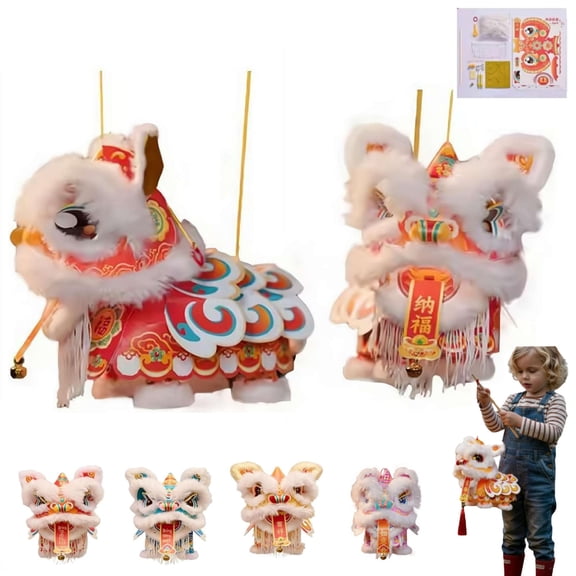 DIY Lion Dance Lantern Craft Kit with Moving Head and LED Lights,  Interactive Chinese New Year Lion Lantern, Handheld Chinese New Year Decoration for Spring Festival,for Adults and Family