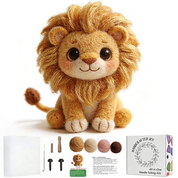 DIY Lion Needling Felt Beginner's Kit - A simple felt animal craft project that provides beginners with a complete set of supplies, a cute handmade lion making kit, and an instruction manual