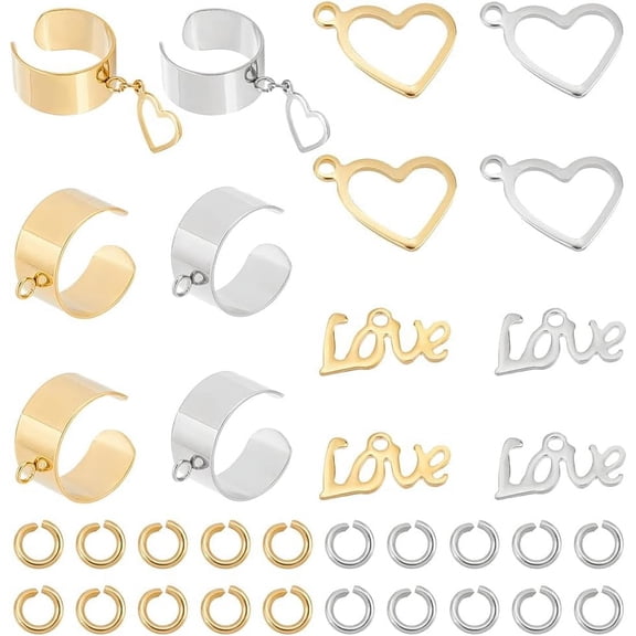 DIY Love Charm Cuff Ring Making Kit Including Stainless Steel Loop Ring Base 304 Stainless Steel Charms & Jump Rings Golden & Stainless Steel Color 36Pcs/box