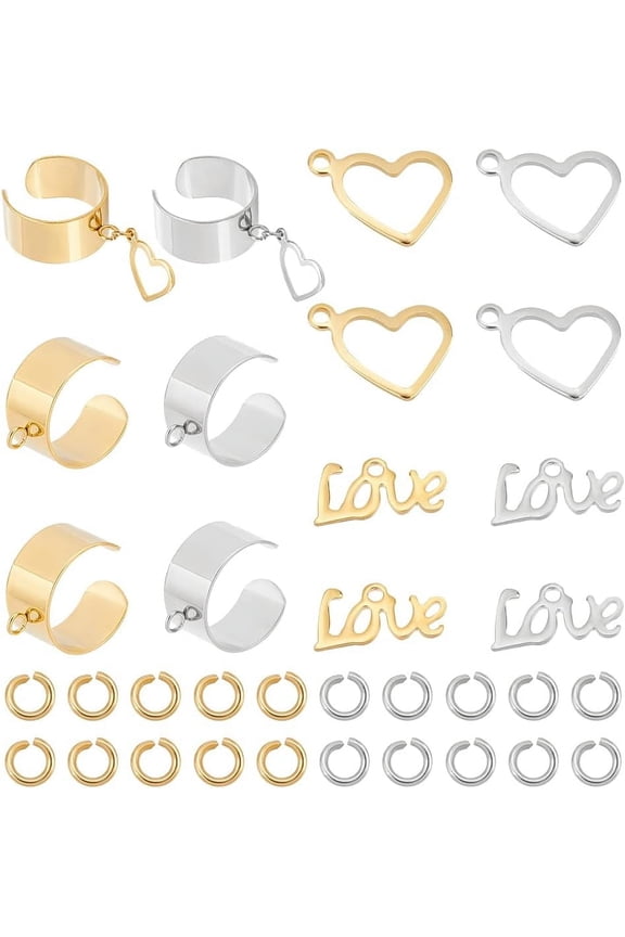 DIY Love Charm Cuff Ring Making Kit Including Stainless Steel Loop Ring Base 304 Stainless Steel Charms Jump Rings36Pcs/box
