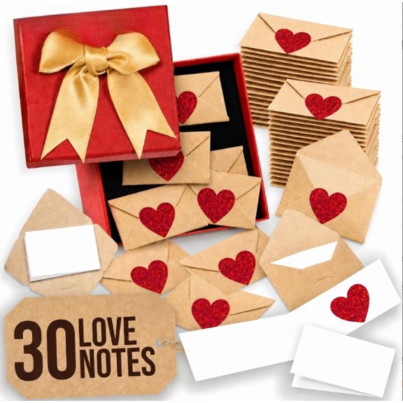 DIY Love Notes Box - Mini Blank Cards & Envelopes for Him/Her, Valentine's Day Craft Envelopes with Heart Stickers & Little Blank Notes Cards, Romantic Couple Gifts for Girlfriend Boyfriend (30 pcs)