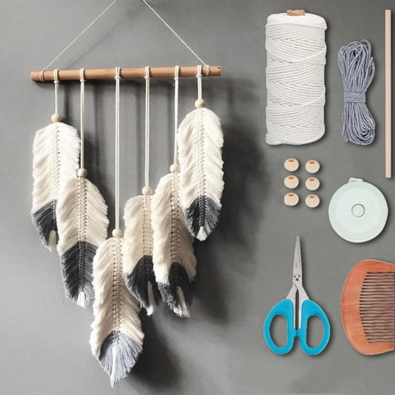 DIY Macrame Feather Wall Hanging Kit Boho White and Dark Gray Feather ...