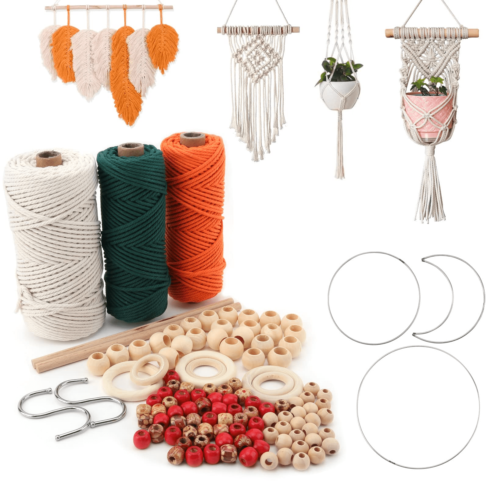 Macrame Kit, Makes 3 DIY Plant Hangers for Teens & Adult Beginners, Craft Supplies for Boho Art Project-3 Custom Color Macrame Cord, Wooden Rings 