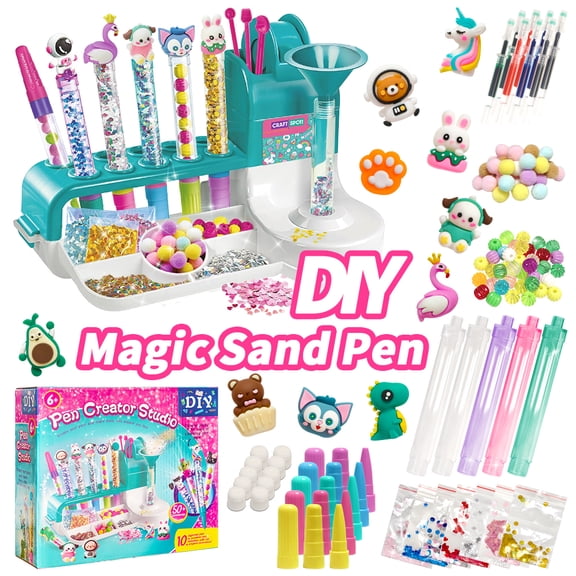 DIY Magic Flowing Sand Pen Creator Studio Craft Kit for Kids Ages 6+ 50+ Accessories, Cute Cartoon Toppers (Unicorn/Astronaut), Functional Writing Pens Ideal for Family Craft Time & Birthday Gifts