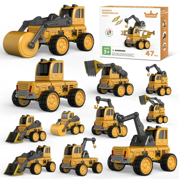 Magnetic Transform Construction Truck Toys, 10-in-1 Kids Play Cars & Excavator Toy Set with Light & Sound, 47 PCS ABS Building Blocks STEM Learning Gift for Boys Girls