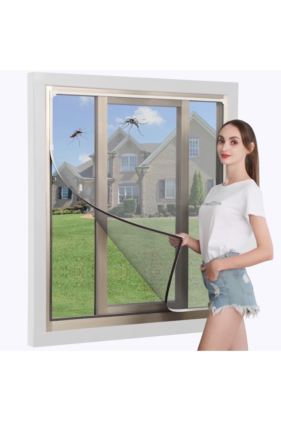 DIY Magnetic Window Screen, Window Screen Net Kit White Frame with Adjustable Gray Fiberglass Mesh Easy and Fast Installation (32"x24"(81x61CM))
