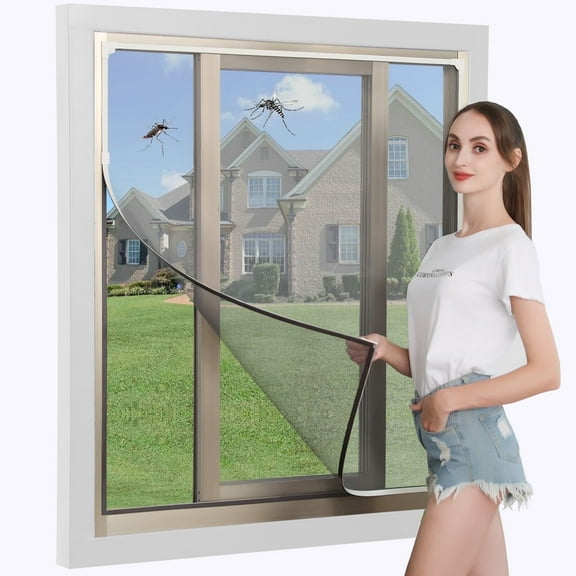 DIY Magnetic Window Screen, Window Screen Net Kit White Frame with Adjustable Gray Fiberglass Mesh Easy and Fast Installation (58"x36"(147x91CM))