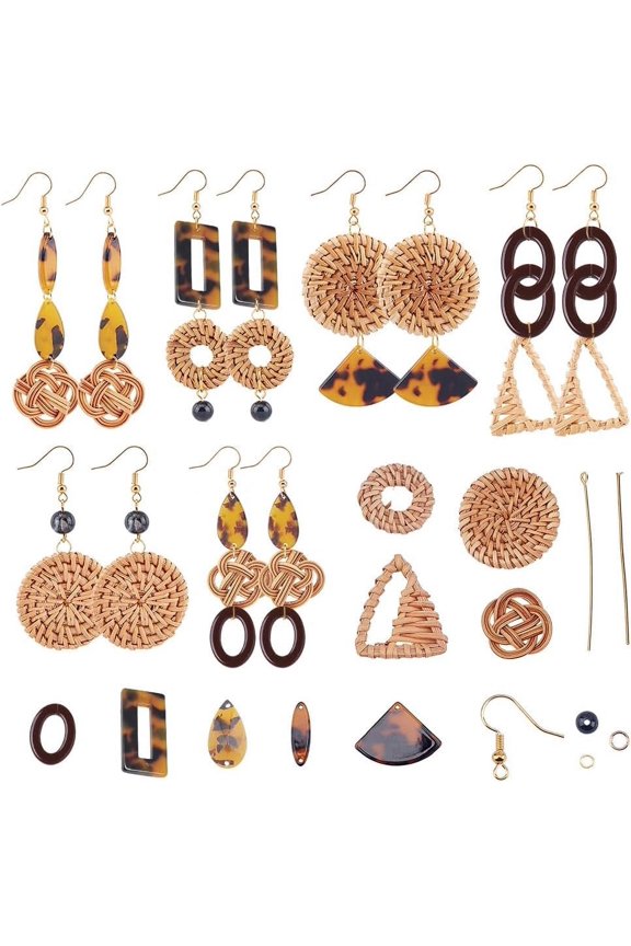 DIY Make 6 Pairs Wicker Rattan Earrings Making Kit Handmade Straw Hoops Woven Charms Bohemia Weave Raffia Braid Resin Drop Dangle for Earring Jewelry Making for DIY