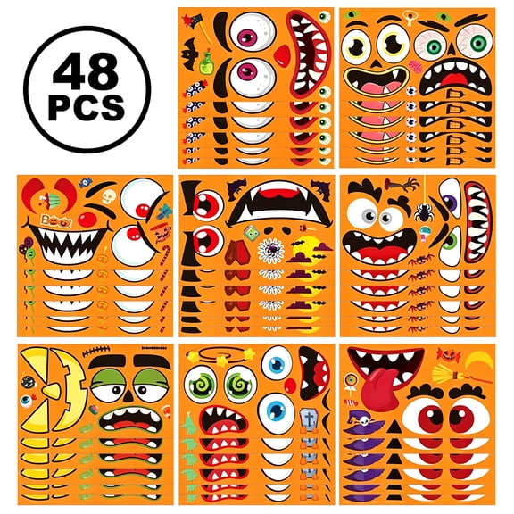 DIY Make A Face Pumpkin Decorating Halloween Stickers, Funny Pumpkin Stickers for Halloween Party Favors, Craft Supplies, 48 Sheets