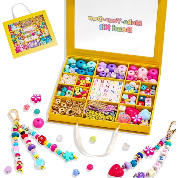 DIY  Making Kit-Beaded  & Bag Charm Craft Supplies with Keyrings,Cords and Colorful Letter,,Heart,Beads,Personalized Name Making Kit Gifts for  Girls Women