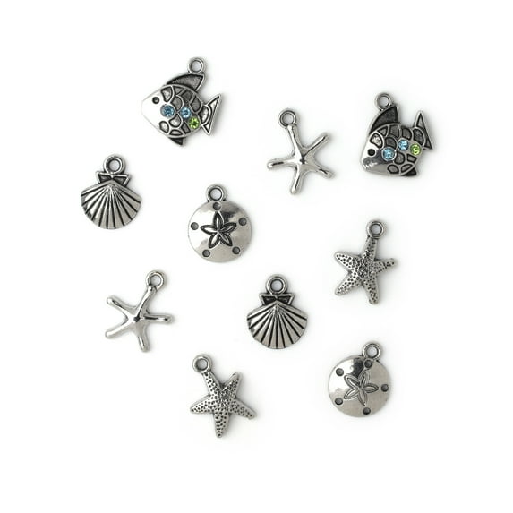 DIY Metal Fish & Shell Marine Life Bracelet and Necklace Pendants & Charms, 10 Pc, Silver