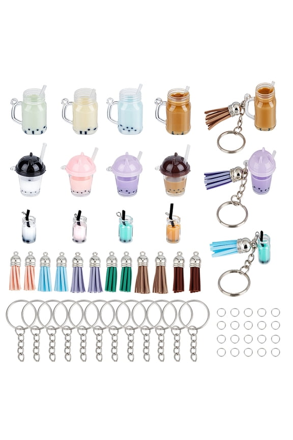 DIY Milk Tea Pendant Keychain Making Kits Includ Iron Split Key Rings Imitation Tea Resin & Glass Bottle & Plastic Cup Pendants Mixed Color 25x2mm