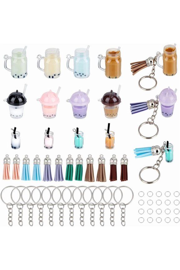 DIY Milk Tea Pendant Keychain Making Kits Includ Iron Split Key Rings Imitation Tea Resin Glass Bottle Plastic Cup Pendants