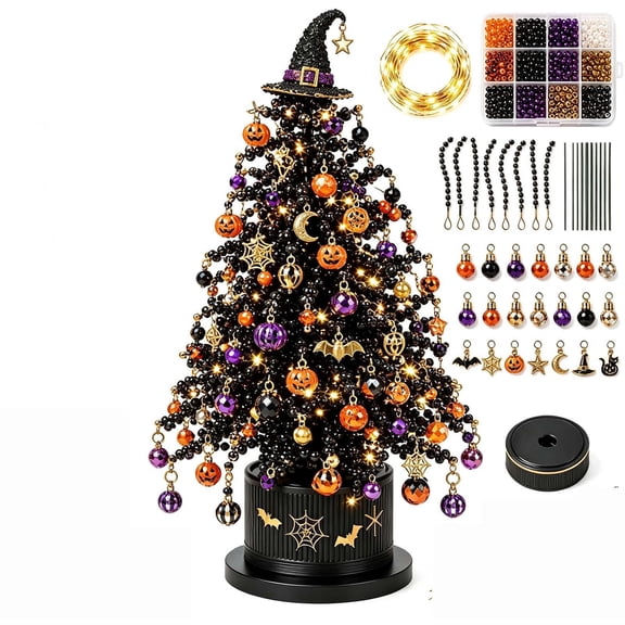 DIY Mini Christmas Tree Kit C - Plastic Beaded Halloween Tree with Ornaments for Desktop, Office, and Holiday Decor