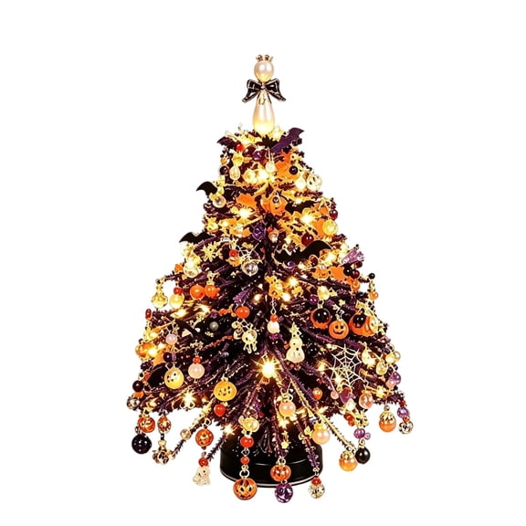 DIY Mini Christmas Tree Kit Flocked Small Tabletop Christmas Tree with Ornaments Lights Halloween Glow C