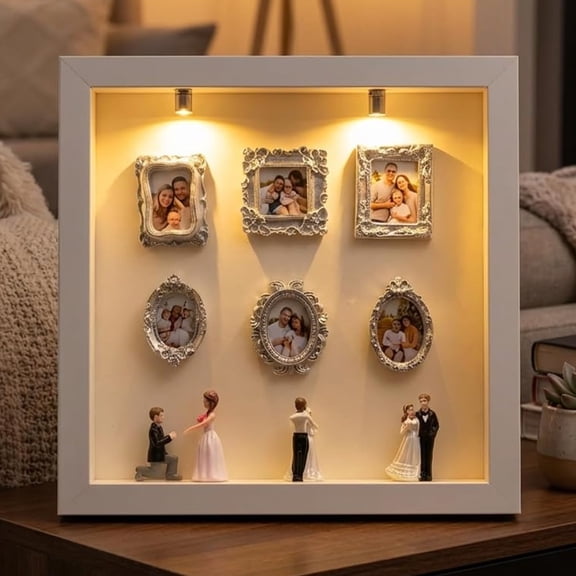 DIY Mini Frames Silhouette Box, Shadow Box Frame with 6 Frames2 Lights and 4 Dolls, Customizable Design, Warm Style, Sentimental Gift for Family CouplesWhite-Acrylic Front pane