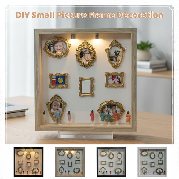 DIY Mini Museum Box Shadow Box Kit with Gold Mini Frames Figurines DIY Photo Family Memory Display Case Boxs for Anniversary Home Decor Brown 9.4 In