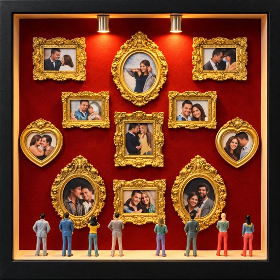 DIY Mini Museum Kit, 12.36" x 8.94" Wooden Shadow Box with Gold Frames, Miniature Figurines & Adhesive Dots, 3D Photo Memory Display, Wedding & Anniversary Gifts for Couples, Home Decor