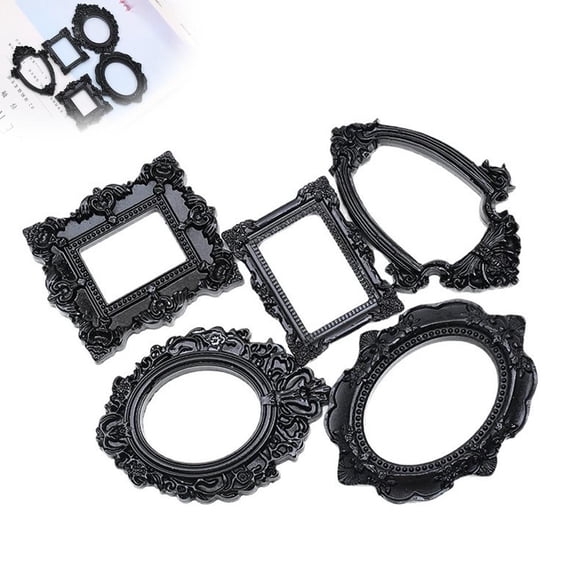 DIY Mini Museum Shadow Box Frame Kit Accessory – 5 Black Ornate Mini Photo Frames, Vintage Resin Assorted Sizes for 9x9 Shadow Box Craft, Diorama Display