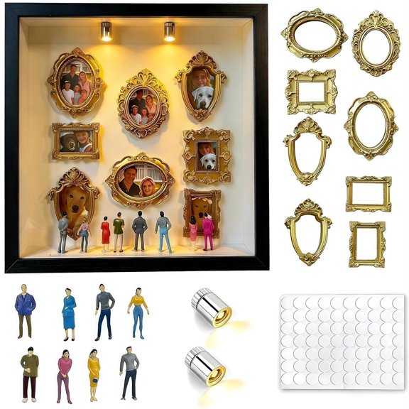 DIY Mini Museum Shadow Box Kit with 8 Tiny Gold Frames & 8 Mini Figurines, 2 LED Lights - Silhouette Display for Wallet-Size Photos & Small Crafts, Gift for Her, 10x10x1.9 Inch (White)