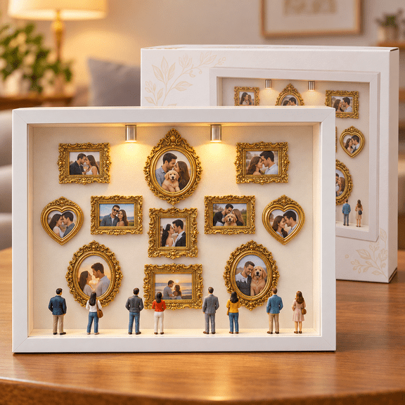 DIY Mini Museum Shadow Box Kit with Lights, 11 Gold-Tone Picture Frames and 8 Assorted Figurines, Personalized Photo Memory Display for Couples, Gifts and Home Decor