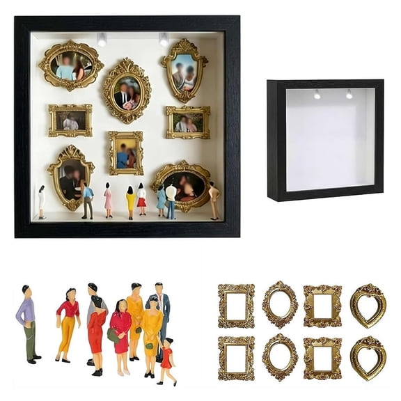 DIY Mini Museum Shadow Box Kit - Personalized Memory Display Case with Gold Frames & Mini Figurines, Creative Craft for Family Photos, Travel Memories & Unique Home Decor