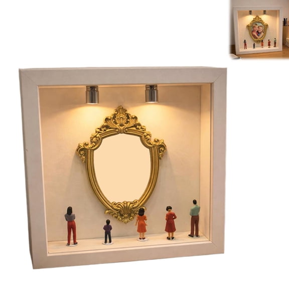 DIY Mini Museum Silhouette Box, 6.69 Inch Wooden Display Case with Gold Mini Photo Frame & 5 Mini Figurines, Memory Shadow Box Kit for Anniversary Wedding Mother's Day Easter Home Decor