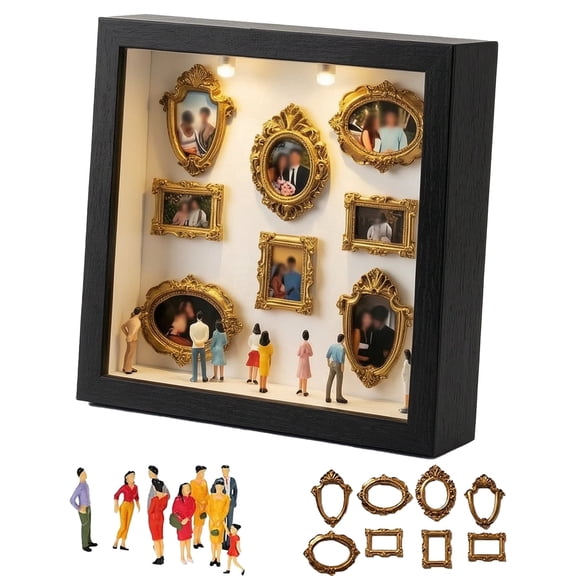 DIY Mini Museum Silhouette Box,8 Frames & Figurines, LED Lighted Shadow Box Frame for Photos, Creative 3D Memory Display Kit for Home Decor & Gifts