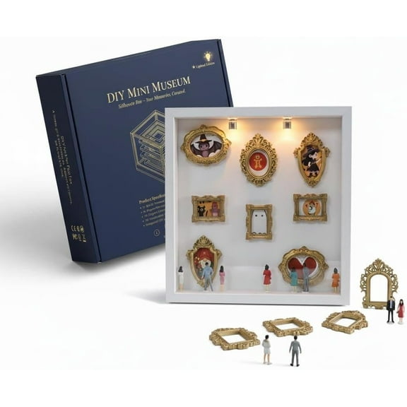 DIY Mini Museum Silhouette Box – Celebrate Your Unique Memories in Style, Lighted Shadow Frame Kit with 8 Gold Miniatures & 10 Figurines, Personalized 10x10 Photo Display