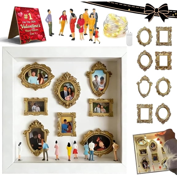 Basysin DIY Mini Museum Silhouette Box–Celebrate Your Unique Memories in Style, Personalized DIY Photo Family Memory Display Case Frames Silhouette Box with Gold Mini Frames