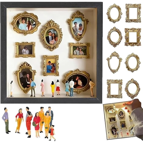 DIY Mini Museum Silhouette Box – Celebrate Your Unique Memories in Style, Silhouette Box with Gold Mini Frames & Figurines, Personalized Mini Shadow Box Frame Kit