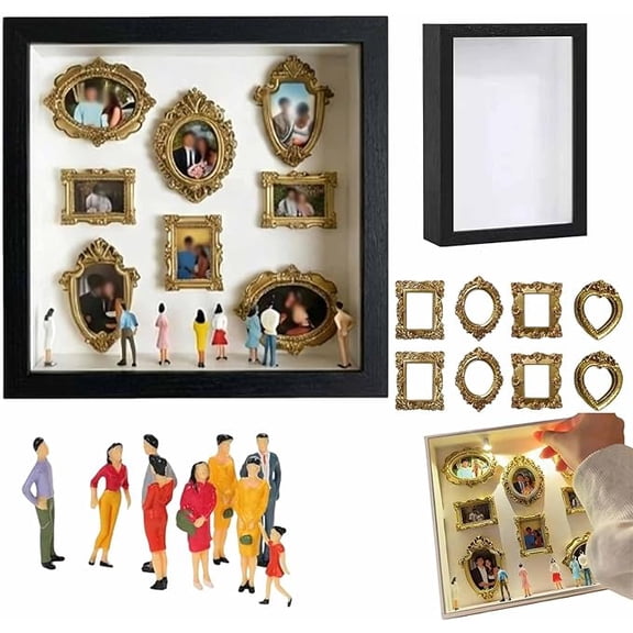 DIY Mini Museum Silhouette Box, Creative Memory Display Kit, Shadow Box Frame Kit with Gold Mini Frames & Figurines for Anniversaries Travel Memories