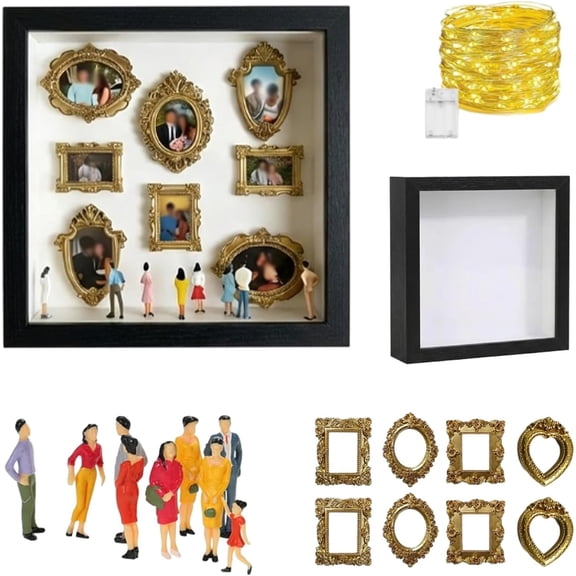 DIY Mini Museum Silhouette Box – Custom Memory Shadow Box Frame Kit with Miniature Figurines & Gold Frames, Personalized Photo Display, Unique DIY Gift for Anniversaries, Weddings, Travel Memories