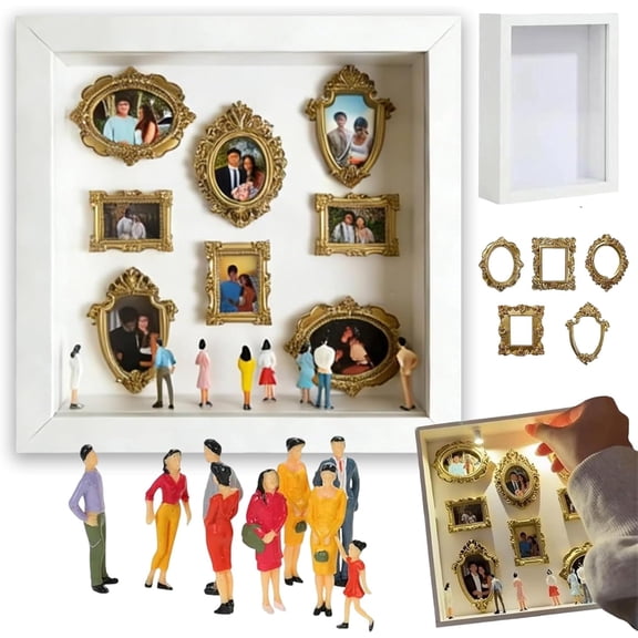 DIY Mini Museum Silhouette Box| Custom Photo Family Shadow Box Display Case with Gold Frames & Figurines for Personalized Memory Wall Decor