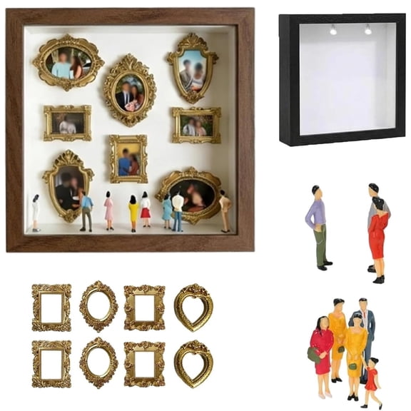 DIY Mini Museum Silhouette Box, with Gold Mini Frames & Figurines, DIY Photo Family Memory Display Case Frame, A Meaningful Gift for Valentine's Day & Anniversaries, Brown