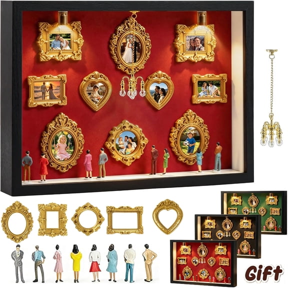 DIY Mini Museum Silhouette Box Kit with Light, 11 Gold Mini Frames & Figurines Shadow Box for "Museum of Us" Memory Collage, Personalized Anniversary Wedding Birthday Gift Home Decor