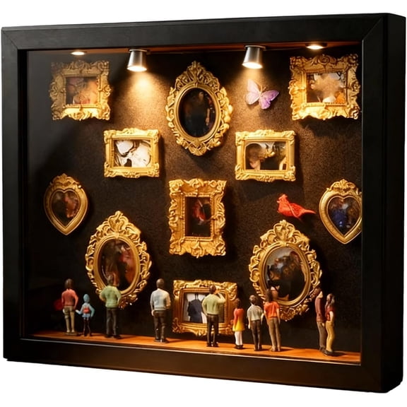 DIY Mini Museum Silhouette Box, Lighted Shadow Box Display with Figurines & Gold Mini Frames, Personalized Memory Showcase for Family Photos & Home Decor