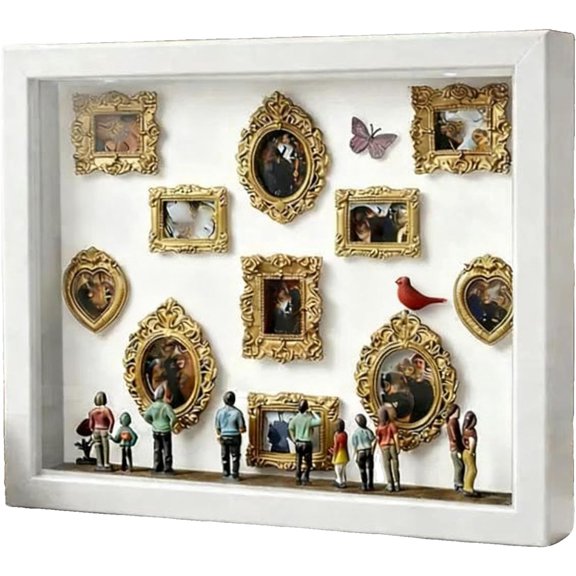DIY Mini Museum Silhouette Box, Lighted Shadow Box Display with Figurines & Gold Mini Frames, Personalized Memory Showcase for Family Photos & Home Decor