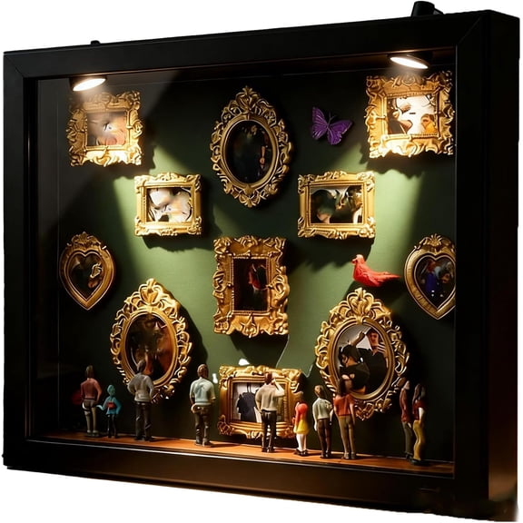 DIY Mini Museum Silhouette Box, Lighted Shadow Box Display with Figurines & Gold Mini Frames, Personalized Memory Showcase for Family Photos & Home Decor