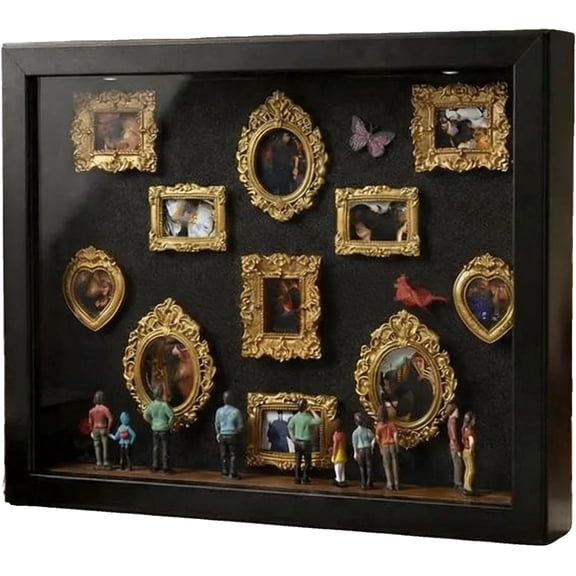 DIY Mini Museum Silhouette Box, Lighted Shadow Box Display with Figurines & Gold Mini Frames, Personalized Memory Showcase for Family Photos & Home Decor