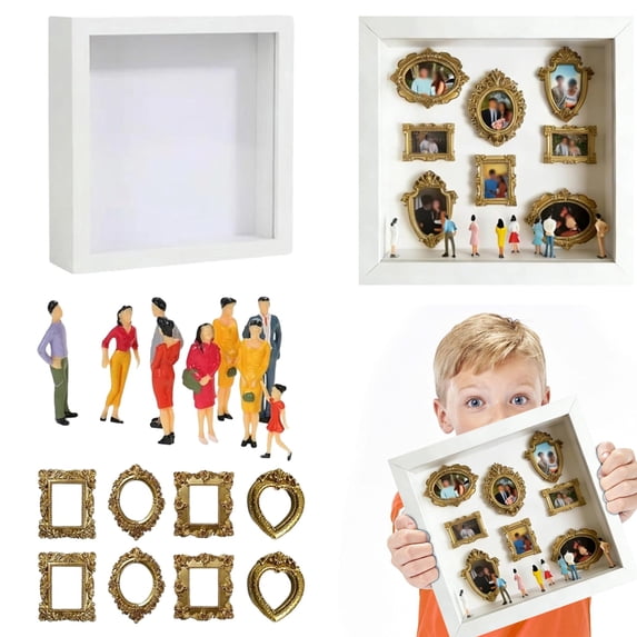 DIY Mini Museum Silhouette Box, Mini Museum Kit with 8 Mini Picture Frames and 8 Mini People Figurines, Mini Museum Display for Home Decor, Celebrate Your Unique Memories in Style, 9.8", White