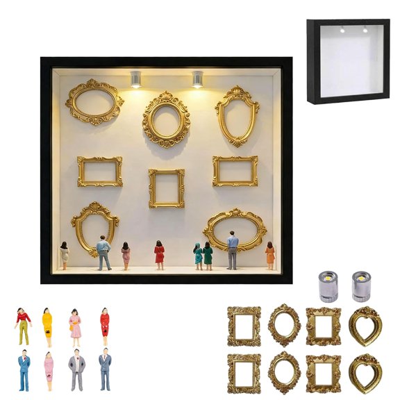 DIY Mini Museum Silhouette Box, Mini Museum Kit, DIY Gold Frames Silhouette Box with Lights Figurines Gold Frames for Anniversary, Wedding, Birthday & Home Décor (White)