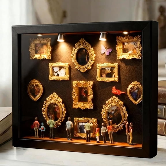 DIY Mini Museum Silhouette Box, Museum of Us Shadow Box, with Gold Mini Frames Figures & Light for Anniversaries Travel Memories