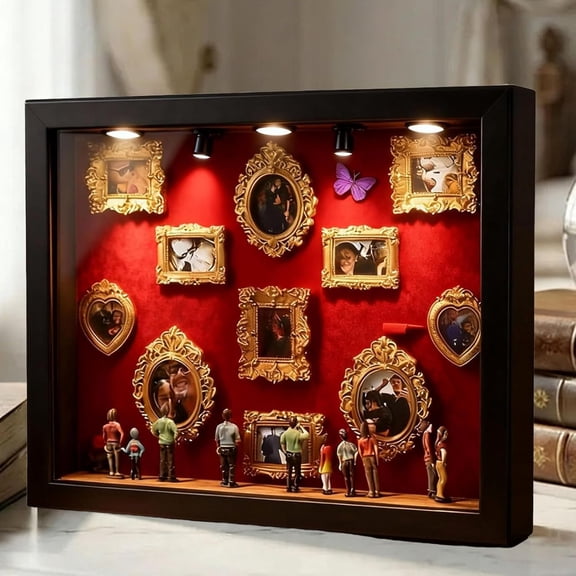 DIY Mini Museum Silhouette Box, Museum of Us Shadow Box, with Gold Mini Frames Figures & Light for Anniversaries Travel Memories