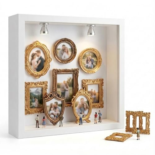 DIY Mini Museum Silhouette Box, Personalized Miniature Memory Frame for Cherished Moments, Therapeutic Craft Kit with Gold Frames & Figurines (Brown)