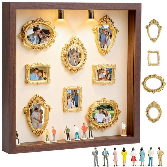 DIY Mini Museum Silhouette Box, Personalized Photo Family Memory Display Case Shadow Box Frame Kit with Gold Miniature Museum & Figurine, Gift for Anniversary, Wedding, Birthday, Home Decor (White)