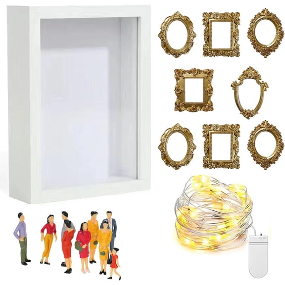 DIY Mini Museum Silhouette Box, Personalized Shadow Box Frame with Gold Mini Frames & Figurines, Creative Memory Display Kit for Anniversary, Wedding, Birthday & Home Decor (White)