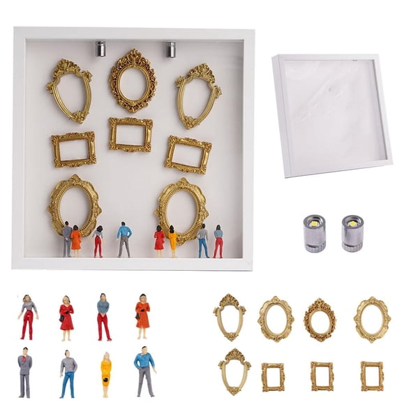 DIY Mini Museum Silhouette Box, Personalized Shadow Box Frame Kit with Gold Mini Frames & Figurines for Anniversary, Wedding, Memory Display & Home Decor, with Light
