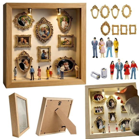 DIY Mini Museum Silhouette Box, Shadow Box Frame Display Case, Personalized Love Story Photo Display with Mini Figurines Gold Frames, for Valentine's Day, Anniversaries, Wedding, Home Decor (Wood)