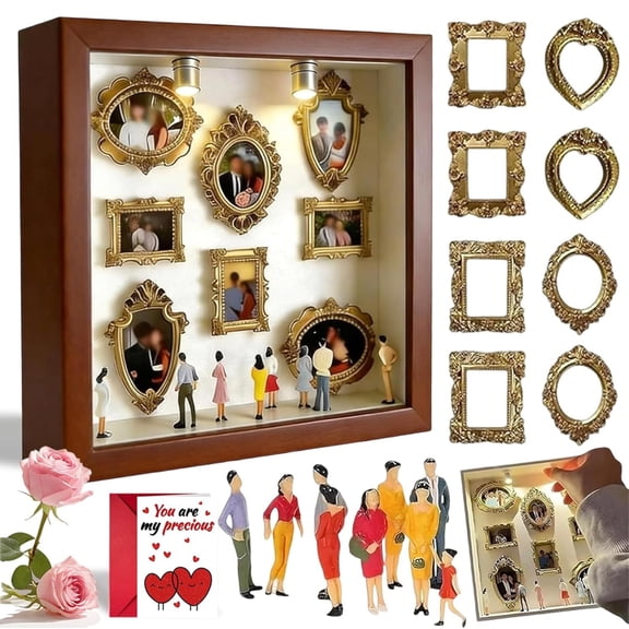 DIY Mini Museum Silhouette Box, Shadow Box Frame Display Case, Personalized Photo Shadow Boxes Display with 8pcs Mini Gold Frames, Gift for Valentine's Day & Anniversaries, Brown